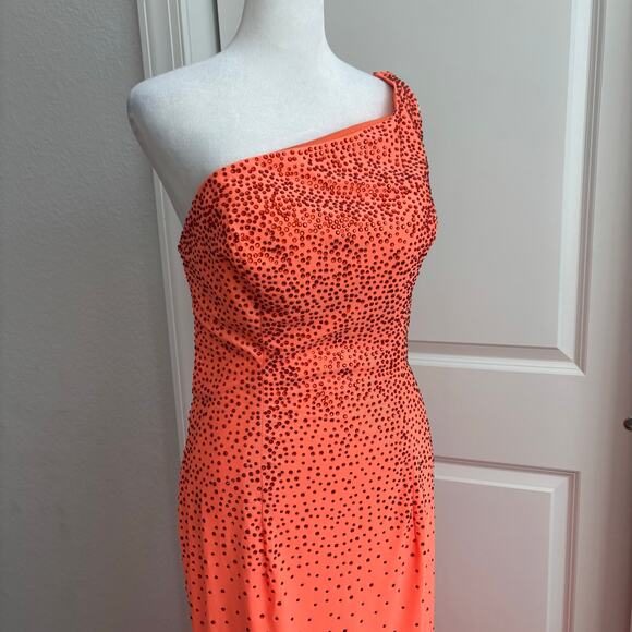 Panoply Orange Fitted Beaded Spandex One Shoulder Gown Prom Formal 10 - Picture 4 of 16